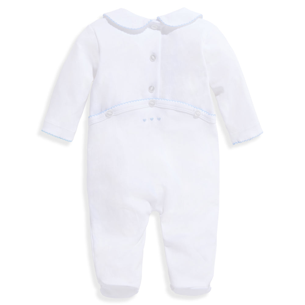 baby boy embroidered collared pima footie white with blue hearts