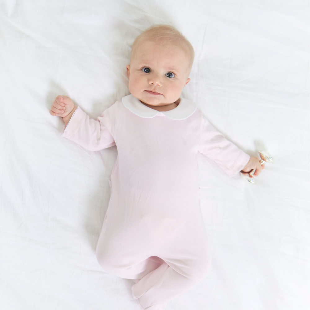 baby girl wearing pink Collared Pima Footie