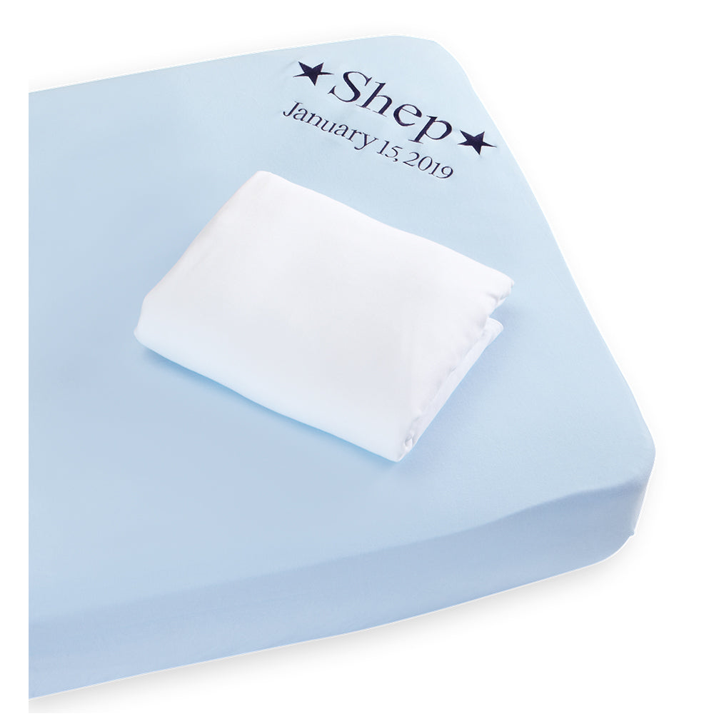 solid pima crib sheet set in white with blue