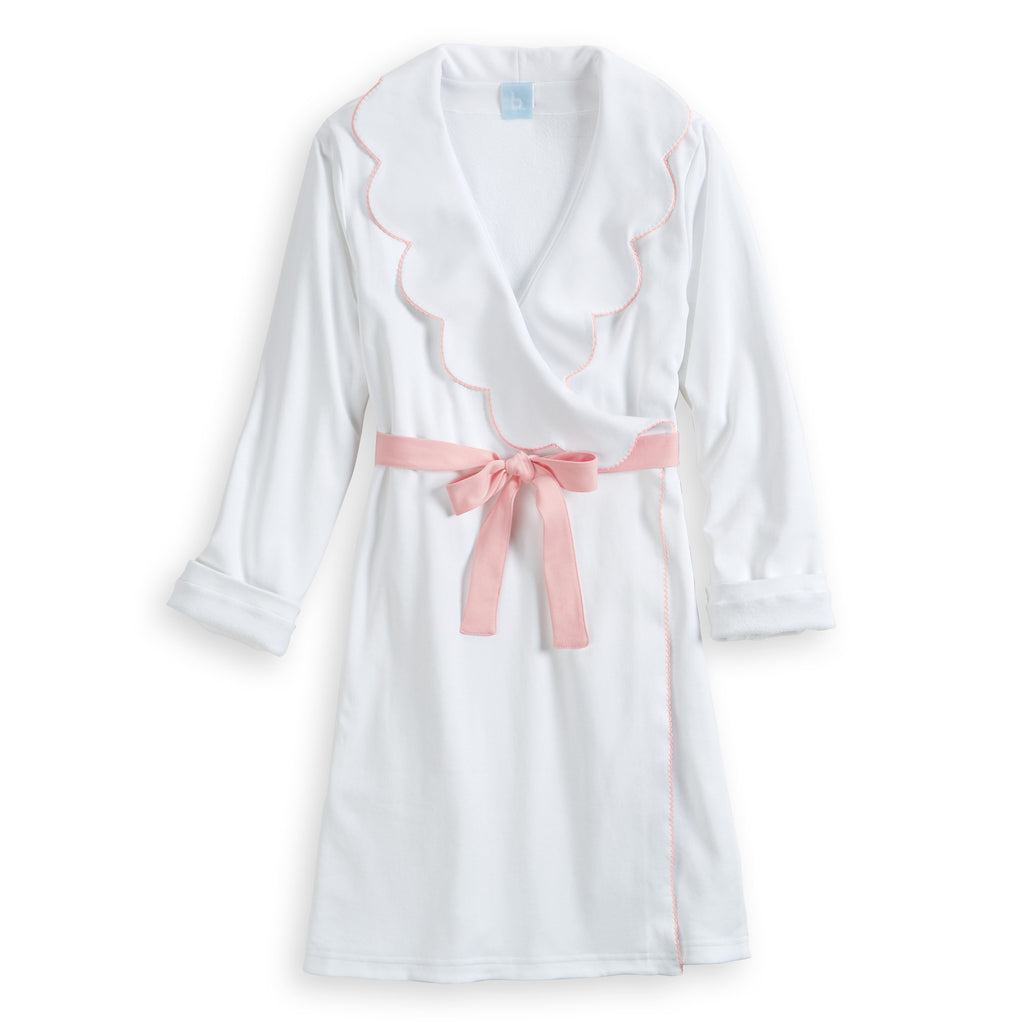 White & Pink Womens pima scalloped robe with terry lining