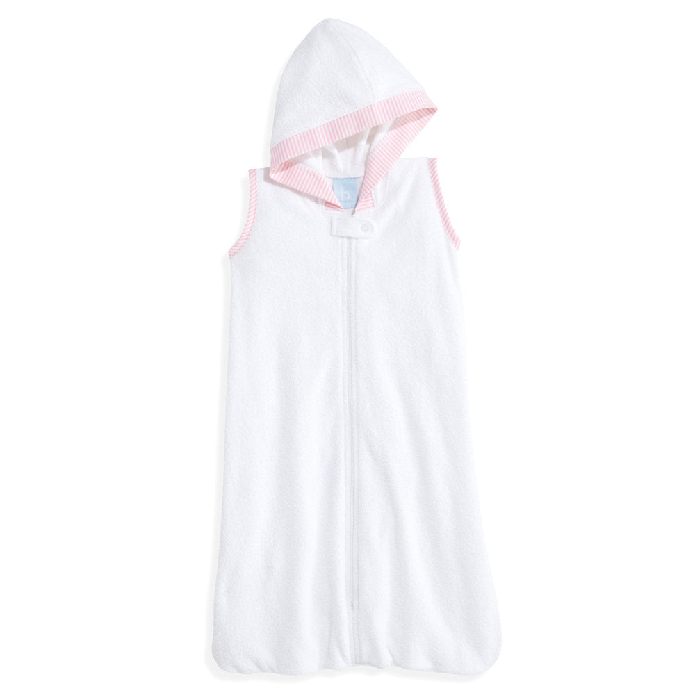 White w/pink Stripe Hooded Terry Bath Sac with zip