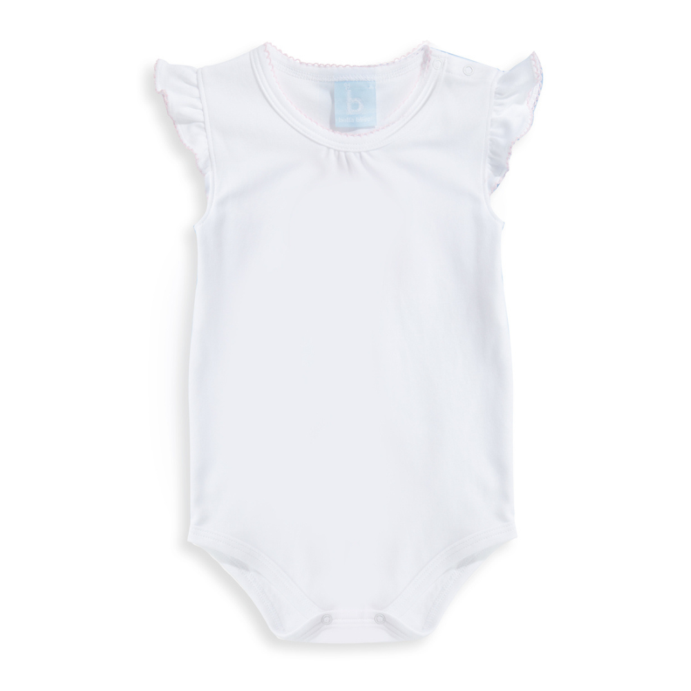white with pink Bliss Flutter Sleeve Pima Onesie