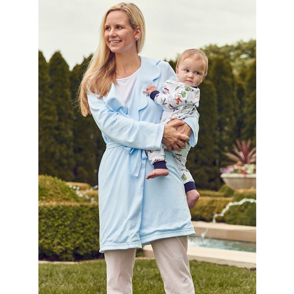 Woman in bella bliss blue robe holding baby