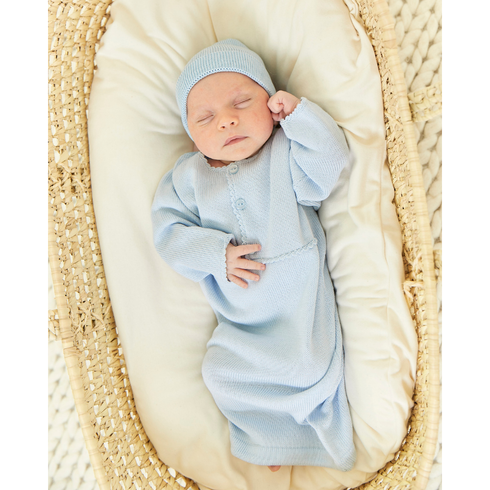 newborn in blue mercerized pima baby gown